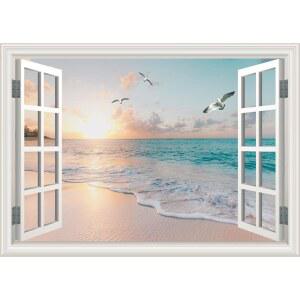 가짜 창문 벽 데칼 여름 해변 바다 경치 인조 스티커 사무실 포스터 그림 아트 장식, 스틱 앤 필 자연 풍경 해안 장면 벽화 121.9cm x 81.3cm 2장 세트
