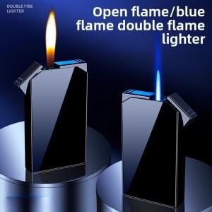 라온식 창의적인 듀얼 파이어 가스 라이터 오픈 플레임 직접 분사 2단계 화염 전환 금속 패션 선물