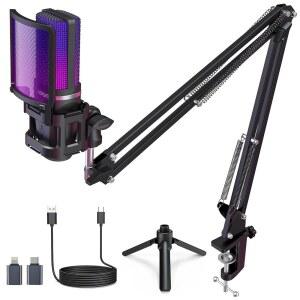 ZealSound 게이밍 USB 마이크, 노이즈 캔슬링 콘덴서 음소거, 게인, 모니터링, 붐 암, 팝 필터, 휴대폰, PC, 컴퓨터, PS4, PS5, 맥, 스트리밍, 팟캐스트, 트위치, 유튜브, 디스코드용 RGB 마이크