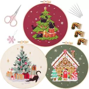 초보자를 위한 LB 크리스마스 자수 키트 블랙 캣 패턴이 있는 핸드 스타터 3세트 설명서 스탬프 크로스