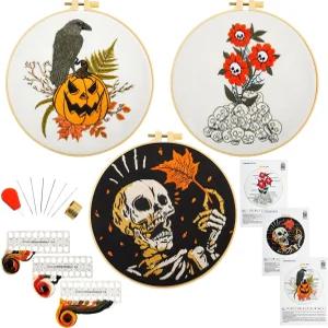 초보자를 위한 고딕 할로윈 자수 스타터 키트 스탬프 크로스 스티치 바늘 포인트 후프 3세트 용품 (첨부된