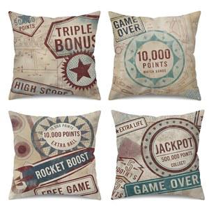 Retro Pinball Game Decorative Throw Pillow Covers Set of 4, Vintage White Linen Cushion Cases Double-Sided 18x18 Inch Rustic Home Sofa Couch Bedroom Decor