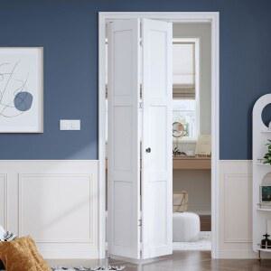 36인치 80인치 개방형, 슬라이딩 내부 옷장 접이식 헛간 문 슬랩, 숨겨진 하드웨어 키트 포함, 3패널, PVC 표면으로 덮인 MDF 목재 패널용 로이멜로 화이트 이중폴드 도어