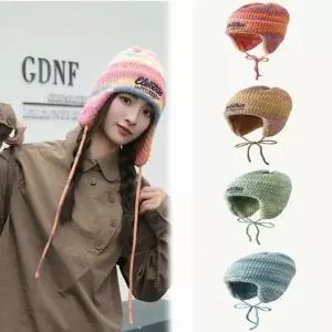 겨울 턱끈 니트비니 4컬러 귀달이 무지개 방한모자 여자