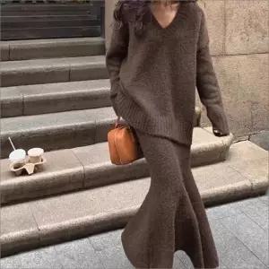 겨울 여자 3컬러 플레어 v넥 스커트 니트 투피스 루즈핏