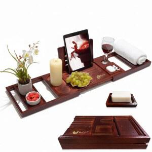 라이넥스 욕조 트레이 u2013 접이식 및 방수 캐디, 휴대폰, 와인 책꽂이, 선반 조절 가능한 고급 트레이, 홈 데코 선물 대나무 목재