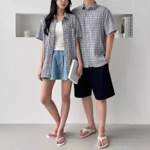 시어서커 남녀공용 반팔 셔츠 여름용 통기성 린넨 남자 여자 셔츠