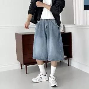 [골드스마일]남성용 와이드핏 데님 반바지 옆핀턱 뒷밴딩 버뮤다팬츠 여름용