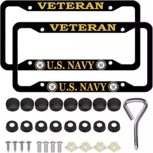 미 해군용 알루미늄 베테랑 번호판 프레임 2개 USN 자동차용 4홀 매트 블랙 나사 캡이 있는 홀더 커버