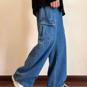 [골드스마일]와이드핏 진청 카고 데님 팬츠 남성용 작업복 바지