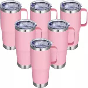 손잡이가 달린 Abbrevi 20온스 스테인리스 스틸 텀블러 여행용 커피 머그잔 뚜껑과 빨대가 이중 벽 컵 핑크