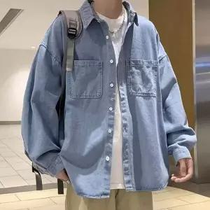 데님 소재 남성용 빈티지 캐주얼 셔츠 청남방 유행