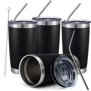 COMOO 20온스 블랙 텀블러 4팩 스테인리스 스틸 단열 여행용 머그잔 뚜껑 및 빨대 진공 이중 벽 커피