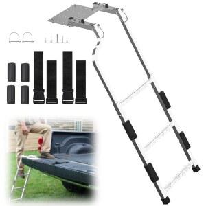 픽업 트럭 테일게이트 사다리 - 헤비 듀티 스테인리스 스틸 접이식 리어 사다리 미끄럼 방지 단계, 램 포드 GMC용 조절 가능한 높이 핏 트럭 액세서리, 방청, 간편한 설치
