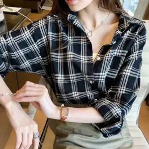 걸스 직장인데일리 출근룩 룩 그리드체크 긴팔옷 캐주얼셔츠 걸 시즌 오픈칼라셔츠 봄긴팔