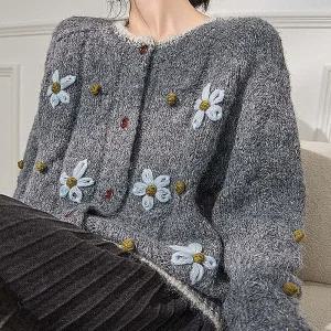 플라워 자수 포인트 니트 러블리 가디건 겉옷 여성이자수가디건