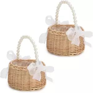 위커 플라워 걸 바구니 2종 세트 진주 손잡이와 리본 활이 달린 소박한 우아한 웨딩 야외 피크닉 홈 장식용