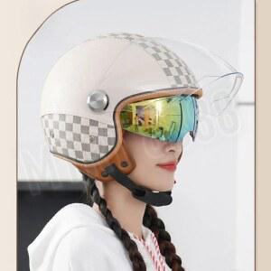 블루투스 헬멧 일체형 남녀공용 안전 바이크 전기 더블 미러 오토바이 자동차 하프 가죽 모토 레트로