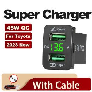 도요타 호환 매립형 자동차 충전기 소켓 플러그 QC 듀얼 USB 포트 고속 커넥터 전압계 액세서리 12-24V 45W