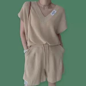 나시 베이지 여성 여름 니트 셋업 투피스 세트 반바지