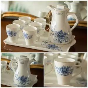 [콩심팥심]도자기 파란꽃무늬 물컵세트 쟁반 주전자 선물용 포함