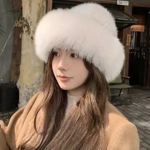 천연밍크모자 앙고라 니팅 여성 따뜻한 안감 폭스 버킷햇 비니 여성용 패션