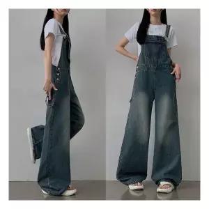 더핑크 니오 스티치 와이드 데님 멜빵 팬츠