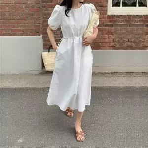 퍼프소매 허리스트링 롱원피스 여름 데일리 캐주얼룩 (WFK82AR)