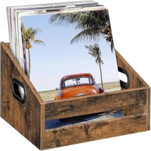 초에존 비닐 레코드 보관함 빈티지 나무 상자 홀더 비닐용 사다리꼴 레코드용 앨범 데스크톱 러스틱 브라운