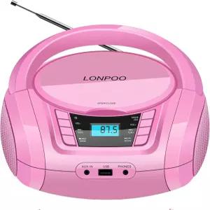 LONPOO 휴대용 붐박스 - CD 플레이어 블루투스 USB MP3 AUX FM 라디오 내장 스테레오 스피커 핸들 LCD