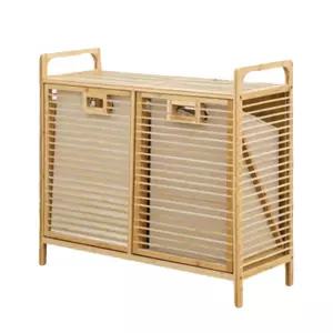 대나무햄퍼 2문 3칸 바구니 대나무 2단 햄퍼 분리수거함 수납