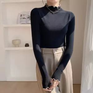 약기모 티셔츠 긴팔 여성 무지 이너 물결라인폴라 목라 니트 반티 하이넥 터들 라니트 얇은라 얇은