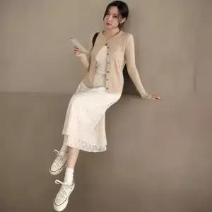 [하프클럽/신상오픈런]여성 면스판 플라워 레이스 밴딩 미디 롱스커트