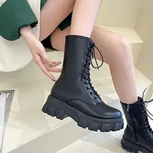 데일리 통굽 여성 레이스업 블랙 롱 워커-WFHZWDU