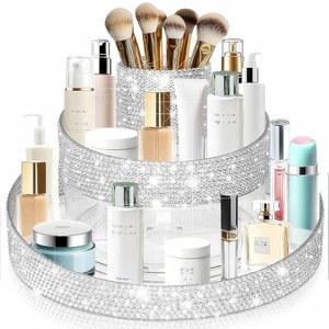이백스 블링 360 회전 메이크업 정리함, 스킨케어, 향수 및 립스틱을 위한 반짝이는 레이지 수잔 화장품 보관 턴테이블, 브러시 홀더가 있는 원형 트레이, 욕실(10