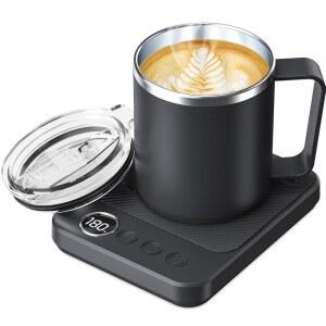 책상용 커피 머그 워머 & 세트, 16온스 가열 머그잔 포함 스마트 커피잔 워머, 사무실/가정용 자동 차단 기능이 있는 히터, 생일/발렌타인데이/남녀공용 선물, 블랙