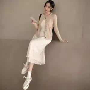 [하프클럽/]여성 면스판 플라워 레이스 밴딩 미디 롱스커트