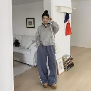 여성 하이넥 루프핏 배색 스냅버튼 맨투맨 티셔츠