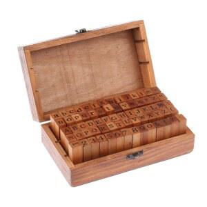 70개 나무 고무 스탬프 번호 및 알파벳 문자 나무 고무 스탬프 세트 나무 고무 번호 문자, 스탬퍼 씰 세트 나무 상자 빈티지 DIY