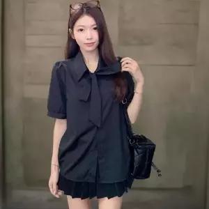 여성 사무실 복장 리본 디테일 반팔 루즈핏 셔츠
