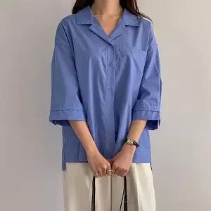 루즈핏 카라넥 힙커버 놈코어룩 칠부소매 무지셔츠