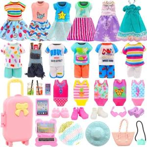25개 5.3인치 인형 옷 여행 가방 액세서리 4개 드레스 3개 상의 바지 수영복 1개 짐 신발 11개 안경 인형용