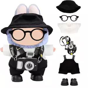 17cm 인형 옷 ？ 6피스 세트 모자 + 멜빵 셔츠 카메라 안경 신발 귀여운 및 프리미엄 의상 액세서리 (블랙)