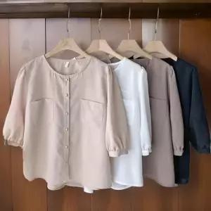 여성 루즈핏 더블포켓 7부 라운드넥 셔츠