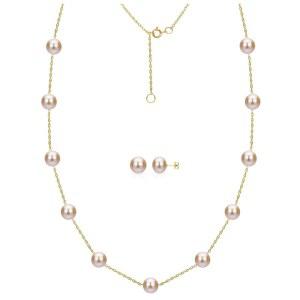 14K 옐로우 골드 6-6.5mm 핑크 담수 배양 진주 스테이션 목걸이 및 스터드 귀걸이 세트