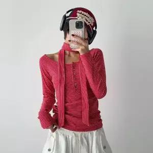 여성 봄 가을 스카프 타이 세트 단추 오프숄더 단가라 긴팔티 스트라이프 TS0938S