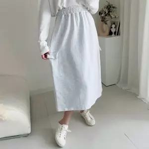 여성 봄 가을 쭈리 면 무지 밴딩 카고 롱 스커트 치마 SK0182S