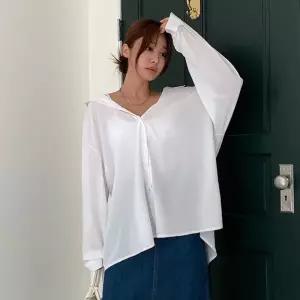 여성 여리핏 시스루 심플 무지 카라 긴팔 롱 셔츠 남방 기본 블라우스 -WNB0053- 봄 여름