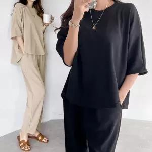 여성 88까지 링클프리 반팔 티셔츠 배기 바지 세트 투피스 셋업 -WPST0024- 봄 여름