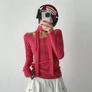 여성 스카프 타이 세트 단추 오프숄더 단가라 긴팔티 스트라이프 -WTS0938- 봄 가을